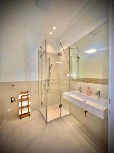 a bathroom with a glass shower and a sink at Wiedner Apartments in Vienna