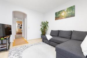 ein Wohnzimmer mit einem grauen Sofa und einem TV in der Unterkunft Ferienwohnung Bonny in Schlitters