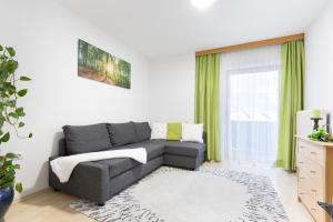 ein Wohnzimmer mit einem grauen Sofa und einem Fenster in der Unterkunft Ferienwohnung Bonny in Schlitters