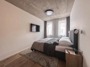 a bedroom with a bed and a window at CASTLE apartments - City Center in Spišské Podhradie