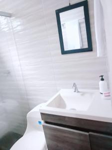 W łazience znajduje się umywalka, lustro i toaleta. w obiekcie Alojamiento turístico Paula Viktoria w mieście Villavicencio