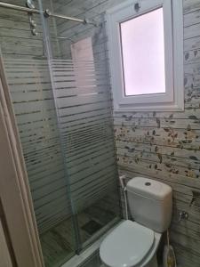 łazienka z toaletą, oknem i prysznicem w obiekcie شقة فاخرة مكيفة تري البحر مباشرة w Aleksandrii