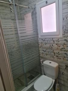 ein Bad mit einem WC, einem Fenster und einer Dusche in der Unterkunft شقة فاخرة مكيفة تري البحر مباشرة in Alexandria + 7 Fotos
