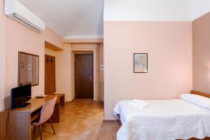 Habitación de hotel con cama, escritorio y TV. en Hotel Castello, en Turín