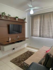 uma sala de estar com uma televisão e um sofá em Apartamento Mari 4 em São Carlos