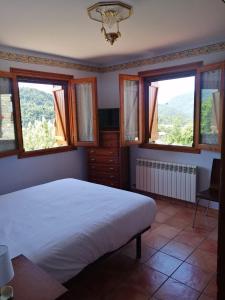 1 dormitorio con 1 cama blanca grande y ventanas en Casa la Nau, en Huesca