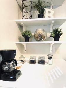 a shelf with plants and a coffee maker on it at The Getaway at Palm Dr in Atlanta