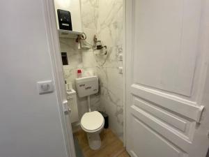 ein weißes Bad mit WC und Tür in der Unterkunft Petit Cosy Aux Portes de Paris, En Face Du M 13 in Asnières-sur-Seine + 13 Fotos
