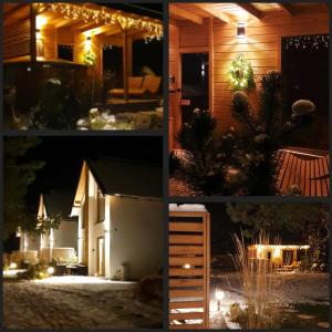 a group of four pictures of a house at night at Sjesta al mare, domki z sauną i balią z jacuzzi in Lubiatowo