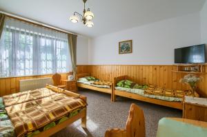 a bedroom with two beds and a tv at Dom Wypoczynkowy Pokusa in Tylicz