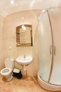 W łazience znajduje się toaleta, umywalka i prysznic. w obiekcie Ekran Hotel w Lwowie