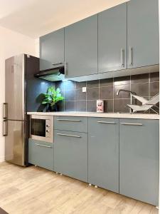 een keuken met grijze kasten en een roestvrijstalen koelkast bij Colors of life in Torcy