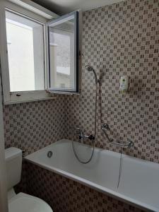 a bathroom with a shower and a tub with a toilet at Hotel Rebstock Meiringen in Meiringen