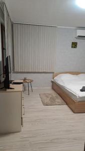 een slaapkamer met een bed en een bureau met een televisie bij Къща под наем-нощувки in Targovishte