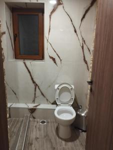 a bathroom with a toilet and a window and a tub at Ekali stone house in Kaléntzion +25 photos