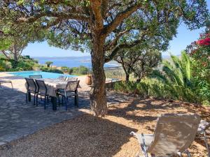 a table and chairs under a tree next to a pool at Villa Les Issambres, 4 pièces, 5 personnes - FR-1-768-44 in Les Issambres