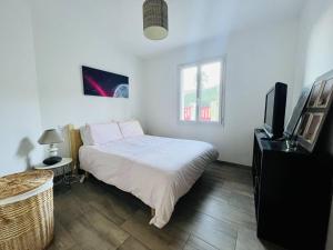 a bedroom with a bed and a flat screen tv at Maison familiale au cœur d'Hasparren, 2 chambres, 2 salles d'eau, jardin clôturé, animaux acceptés - FR-1-495-131 in Hasparren
