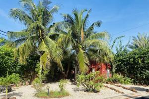 two palm trees in front of a red house at La Villa Tila in Ouoran