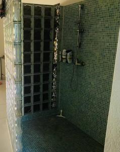 a bathroom with a shower with green tiled walls at La Villa Tila in Ouoran +29 photos