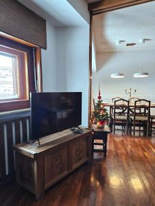 a living room with a flat screen tv and a christmas tree at Cervino 1865 family house & friends - CIR 0517 in Breuil-Cervinia