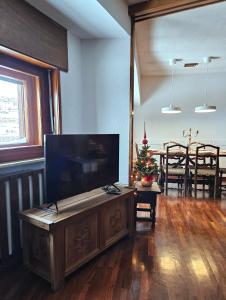 a living room with a flat screen tv and a christmas tree at Cervino 1865 - Family House in Breuil-Cervinia