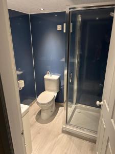 a bathroom with a toilet and a shower at 2-level apartment in Aberdeen