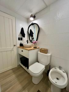 a bathroom with a toilet and a sink and a mirror at Puerta Azul in Punta del Este