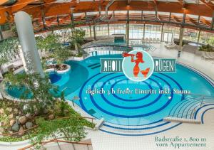 uma vista para uma piscina de resort no centro comercial da América em DAS APPARTEMENT INSELLIEBE RÜGEN inkl Sauna und 3h täglich Eintritt AHOI Schwimmbad em Ostseebad Sellin