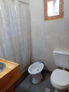 a bathroom with a toilet and a sink at Anacrusa Hostel in Epuyén