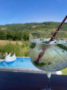 um copo de vinho com uma piscina ao fundo em Vikendica Krupa em Banja Luka