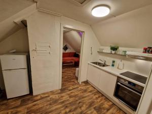 cocina con fregadero y encimera en Smaller apartment next to bridge en Tromsø