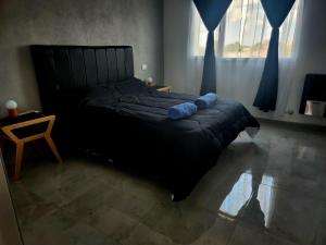 een slaapkamer met een bed met blauwe kussens erop bij F&E Apartment in Necochea