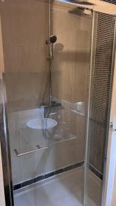 um chuveiro com uma porta de vidro e um lavatório em Cosy Apartment à 20 min de Paris em Fresnes