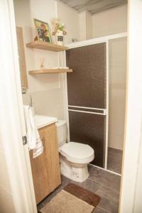 a small bathroom with a toilet and a shower at Acogedor apartamento moderno para 6 personas in Cali