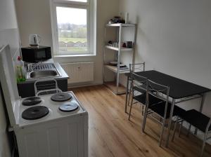 cocina con fogones y mesa con sillas en Furnished apartments for employees with separate rooms, en Zeitz