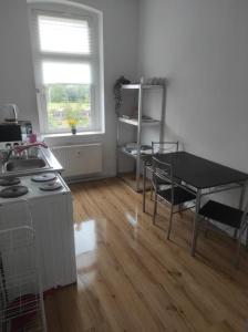 a kitchen with a table and a table and a window at Furnished apartments for employees with separate rooms in Zeitz