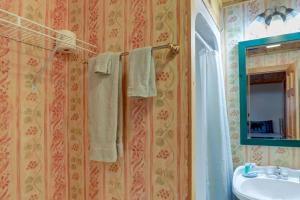 a bathroom with a sink and a mirror and a towel at Hot Tub and Game Room Powderhorn Mountain Cabin in Powderhorn Mountain +31 photos