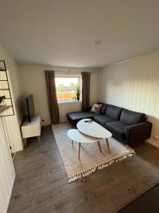 a living room with a couch and a coffee table at Sentralt plassert leilighet ved Sherpatrappen in Tromsø