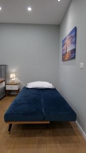 um quarto com uma cama com um cobertor azul em Kristi Apartments 02 em Tirana