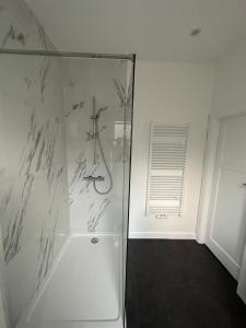 - une douche dans une chambre dotée d'un mur blanc dans l'établissement Appartement rénové, à Bruxelles