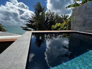 哥西尔Appt Serenity Piscine Vue Mer的水中云层反射的池