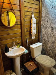 a bathroom with a toilet and a sink at Chalé de Madeira em Vargem Alta in Vargem Alta