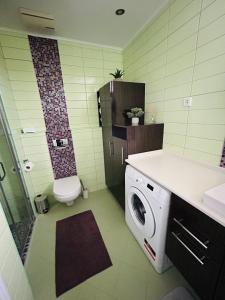 ein Badezimmer mit einer Waschmaschine und einem WC in der Unterkunft Marina Bay Apartman in Budapest