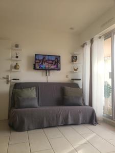 un sofá en la sala de estar con TV en la pared en Studio 200m de la plage Le Barcares, en Le Barcarès