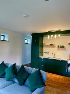 uma sala de estar com um sofá e um lavatório em Bill's Barns, Apartment 1 em Kenmare