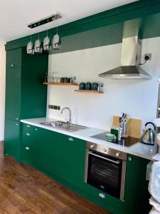 a green kitchen with a sink and a stove at Bill's Barns, Apartment 1 in Kenmare