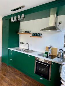 a green kitchen with a sink and a stove at Bill's Barns, Apartment 1 in Kenmare +9 photos