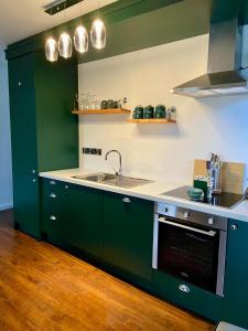 una cocina con armarios verdes y fregadero en Bill's Barns, Apartment 1, en Kenmare
