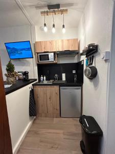 a small kitchen with a sink and a microwave at Au 15 Bis - Studio Hyper Centre in Saint-Amand-Montrond