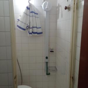 a bathroom with a shower with a toilet and a towel at Amplio departamento zona centro in Paraná